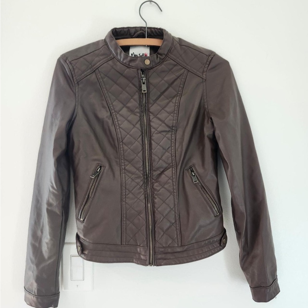 Miss Selfridge Dark Brown Quilted Faux Leather Moto Jacket